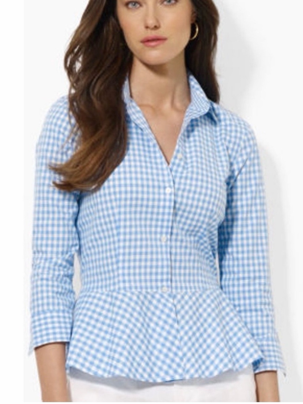 Lauren Ralph Lauren Blue & White Gingham 3/4 Sleeve Peplum Button Blouse Size 8